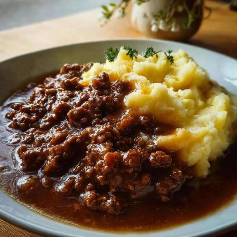 Teller mit Leckeres Hackfleisch in Bratensoße und cremigem Kartoffelpüree, garniert mit Petersilie.