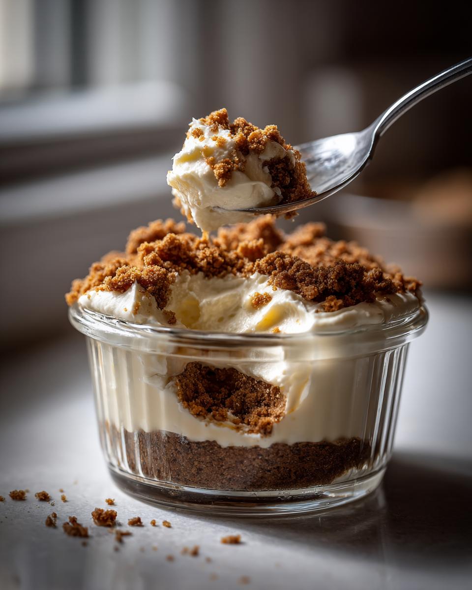 Ein Löffel cremiges SPEKULATIUS DESSERT mit knusprigen Keksstreuseln wird aus einem Glas gehoben.