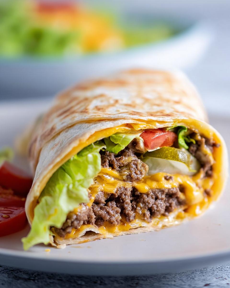 Nahaufnahme einer angeschnittenen Low Carb Big Mac Rolle gefüllt mit Hackfleisch, Käse, Salat, Tomaten und Gurken.