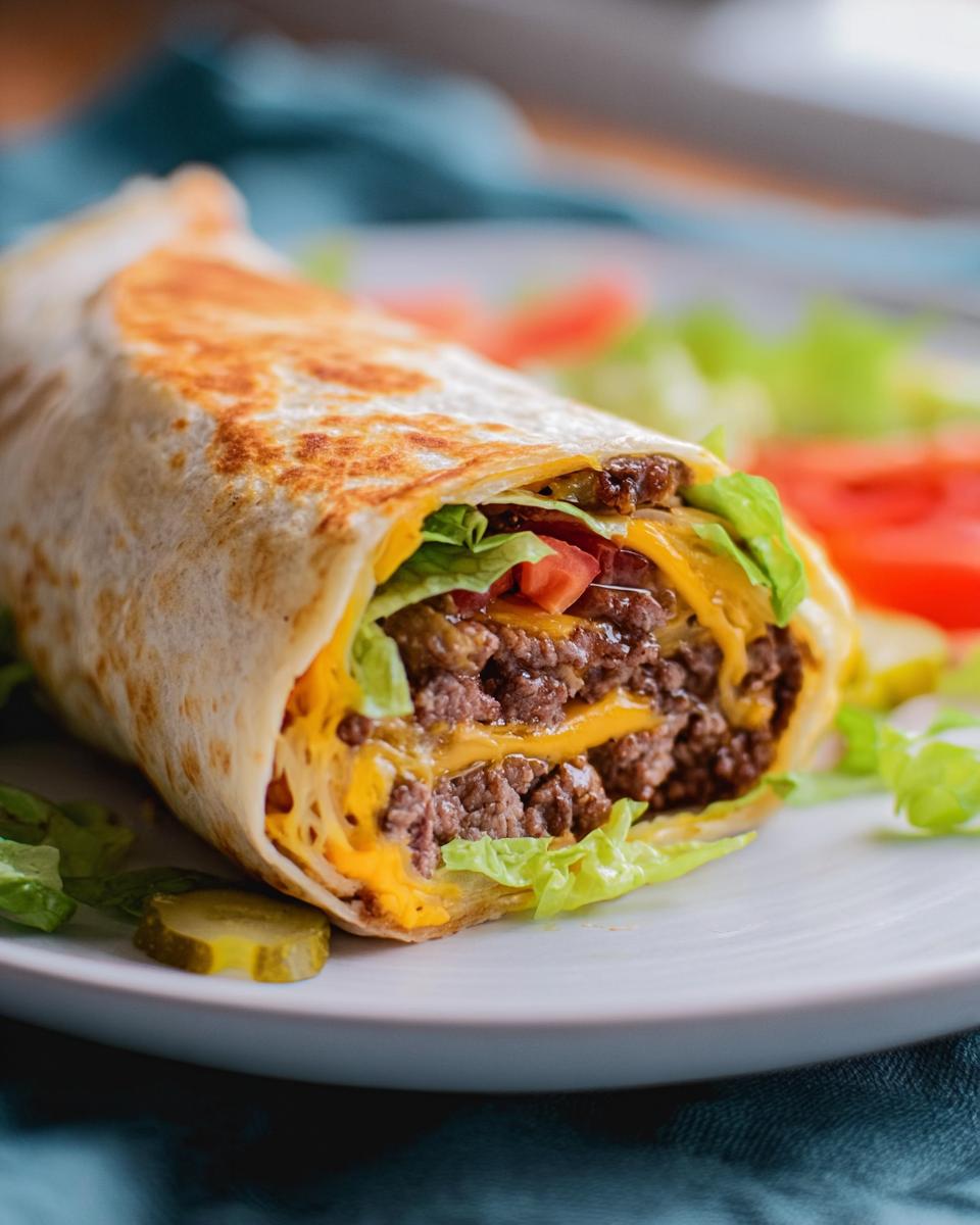 Nahaufnahme einer aufgeschnittenen Low Carb Big Mac Rolle mit Hackfleisch, Käse, Salat und Tomaten.