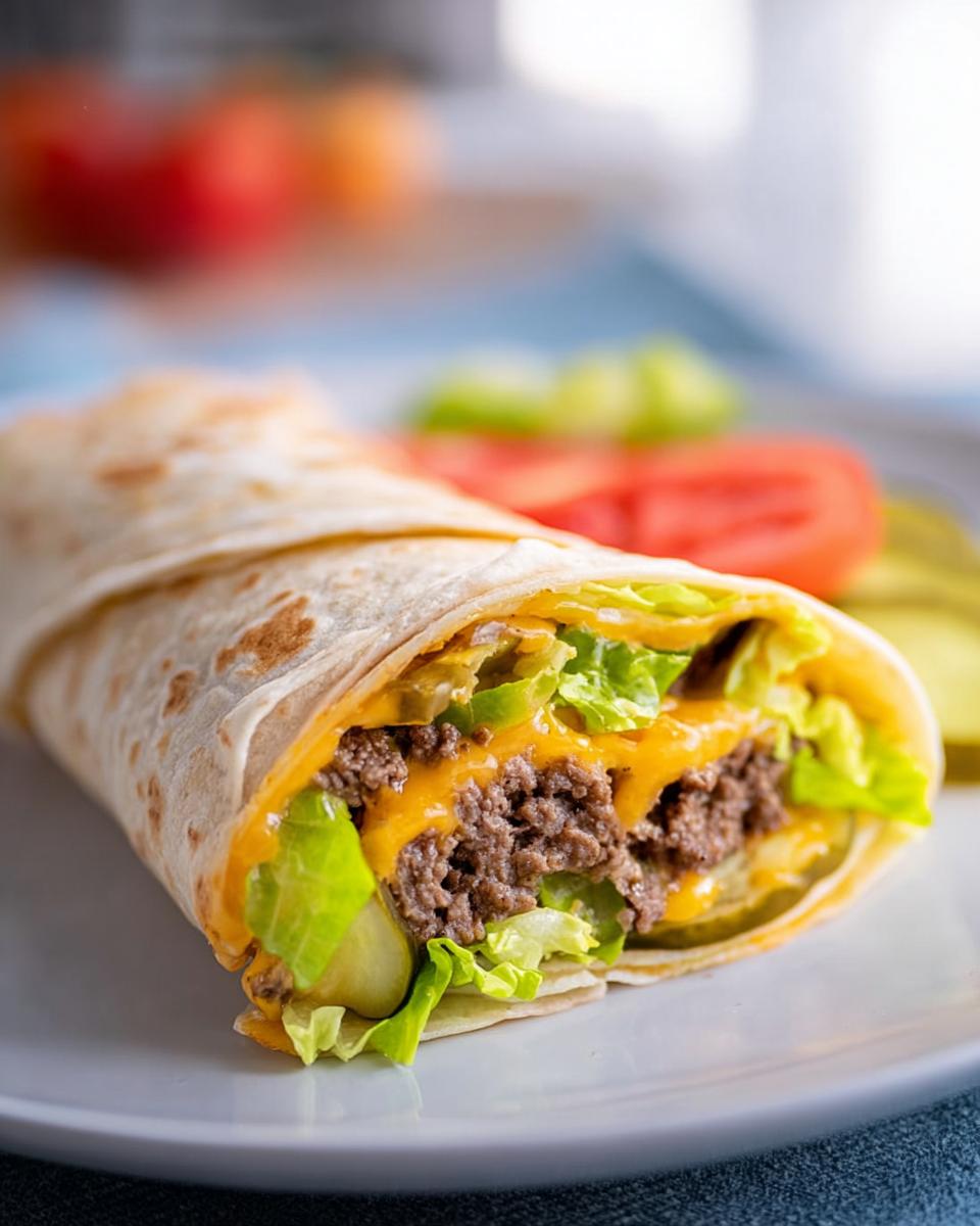 Nahaufnahme einer Low Carb Big Mac Rolle, gefüllt mit Hackfleisch, Salat, Käse und Gurken.