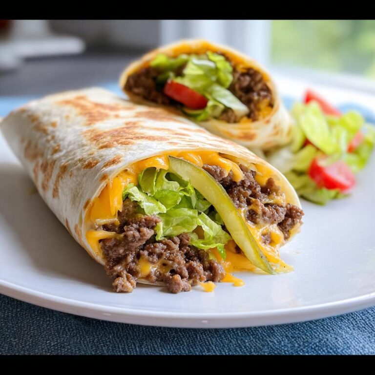 Zwei Hälften einer Low Carb Big Mac Rolle gefüllt mit Hackfleisch, Käse, Salat und Gurken.