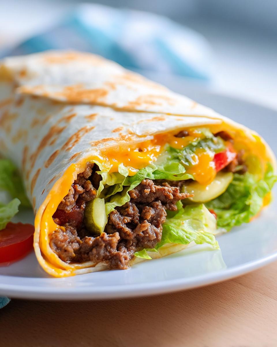 Nahaufnahme einer Low Carb Big Mac Rolle gefüllt mit Hackfleisch, Salat, Käse und Gewürzgurken.