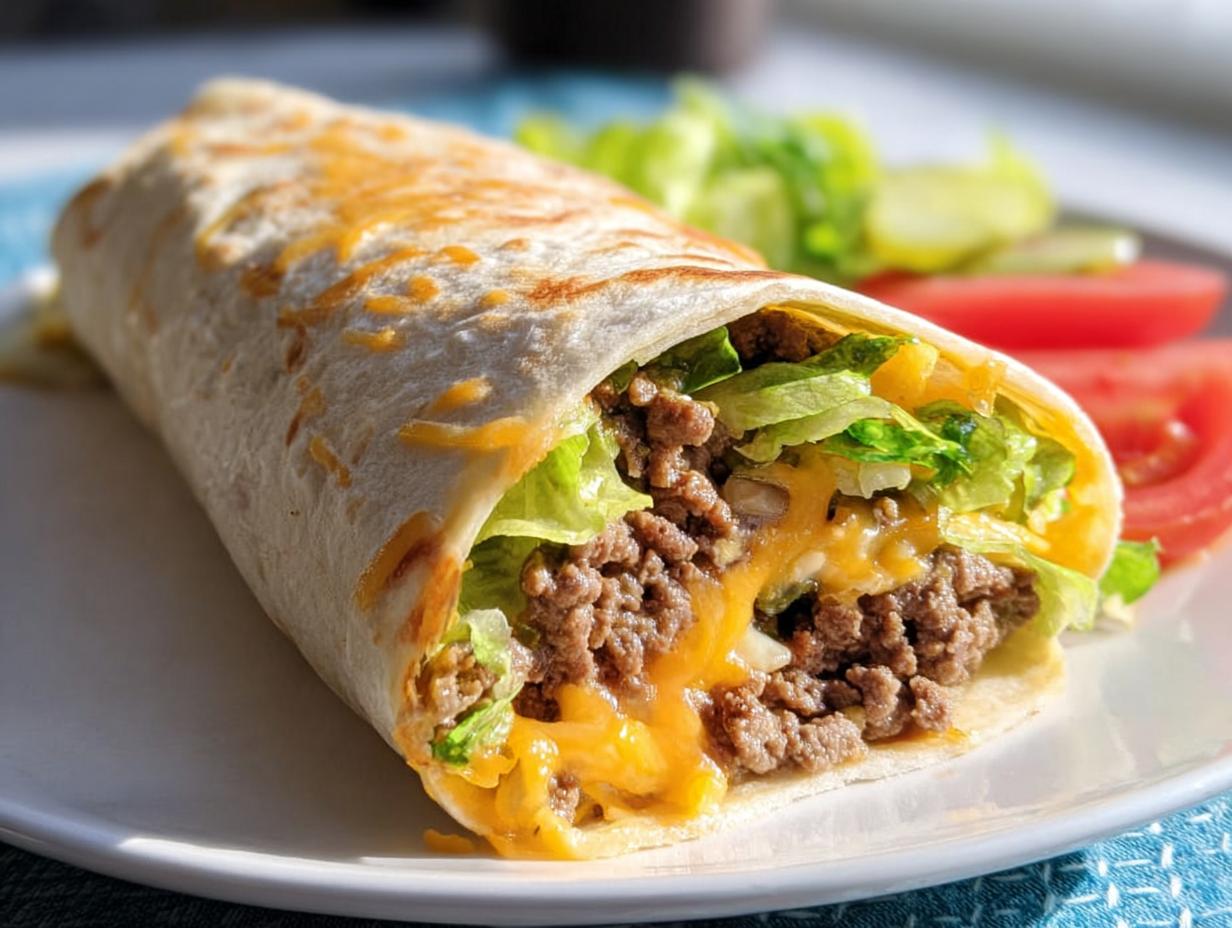 Nahaufnahme einer Low Carb Big Mac Rolle mit Hackfleisch, Salat, geschmolzenem Käse und Beilagen.