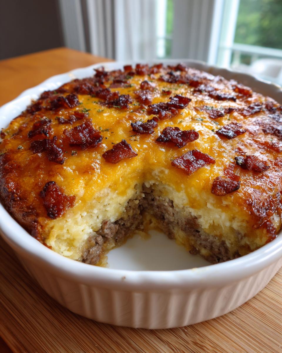Ein runder Low Carb Cheeseburger-Auflauf mit goldbrauner Käsekruste und knusprigem Speck, ein Stück entnommen.