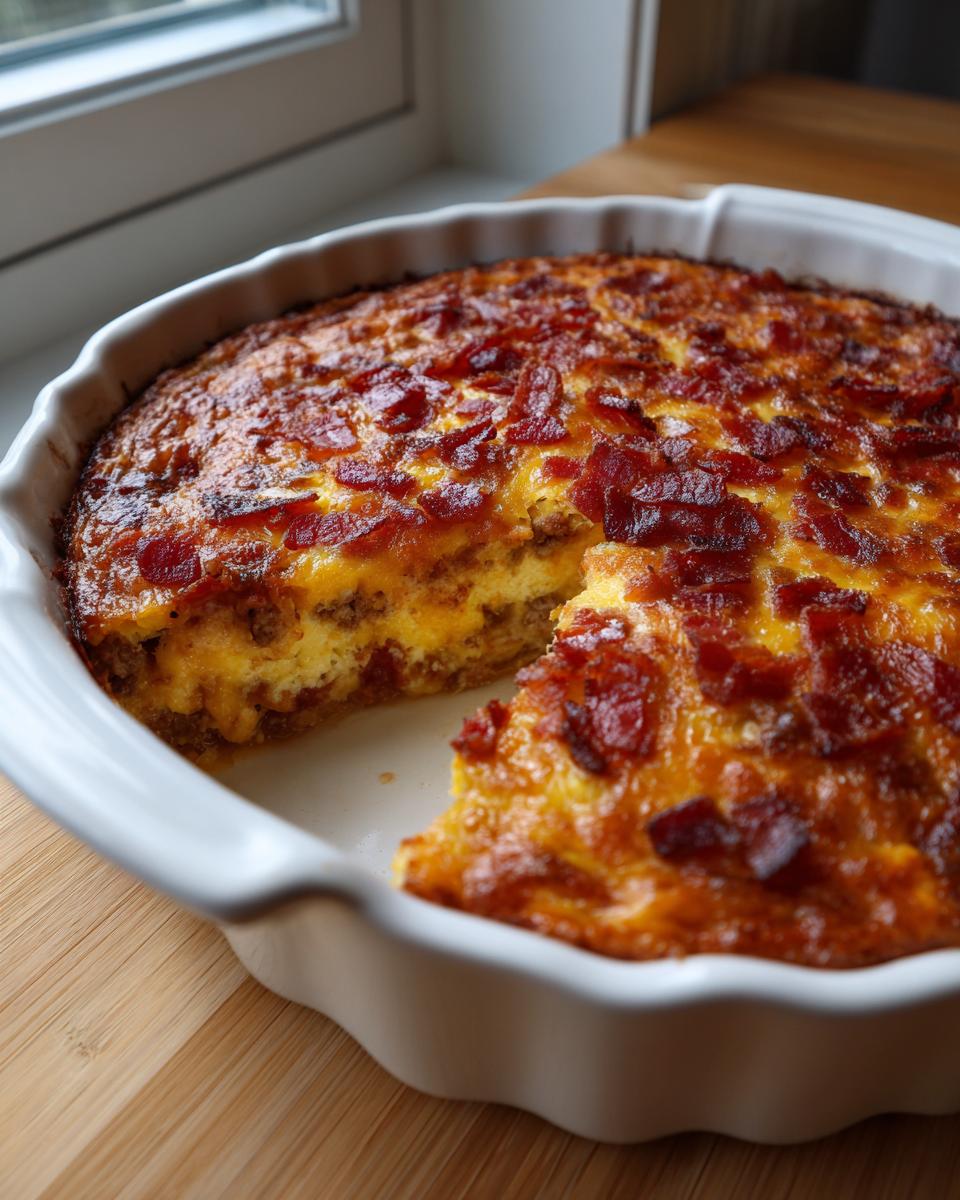 Ein goldbraun gebackener Low Carb Cheeseburger-Auflauf mit einer knusprigen Speck-Käse-Kruste in einer weißen Auflaufform.