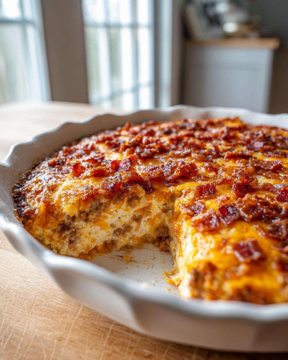 Ein runder Low Carb Cheeseburger-Auflauf mit Käse und knusprigem Speck, aus dem ein Stück entnommen wurde.