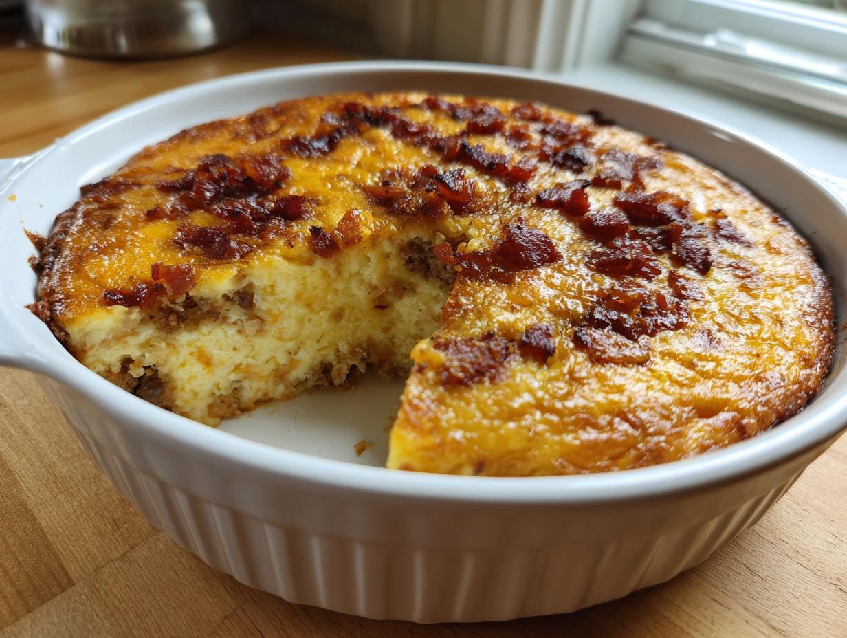 Ein runder, goldbraun gebackener Low Carb Cheeseburger-Auflauf mit Speckstückchen in einer weißen Auflaufform.