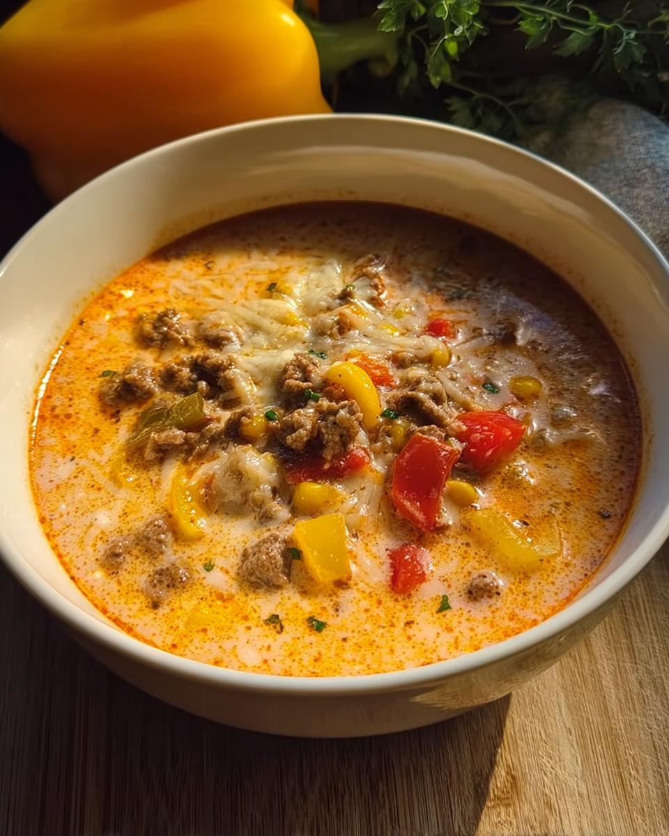 Eine Schüssel cremiger Low Carb Pizzasuppe mit Hackfleisch, Paprika und geschmolzenem Käse.