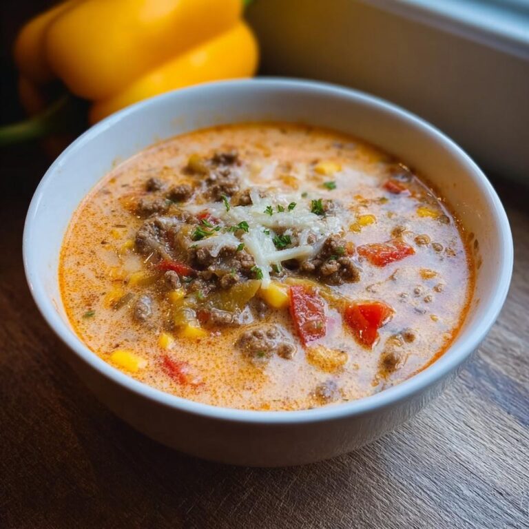 Eine cremige Schüssel Low Carb Pizzasuppe mit Hackfleisch, Paprika und Käse-Topping.