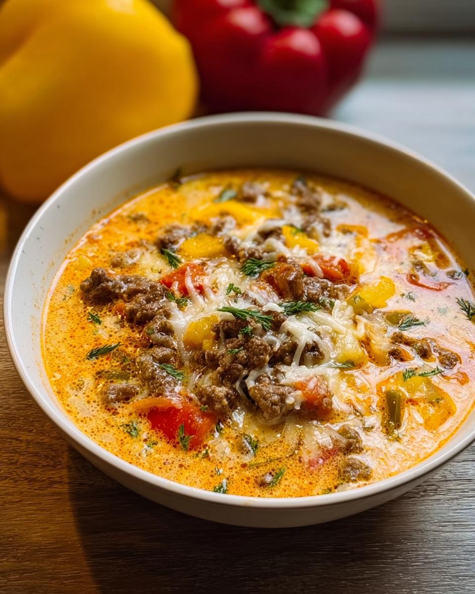 Eine Schüssel cremiger Low Carb Pizzasuppe mit Hackfleisch, Paprika und geschmolzenem Käse.