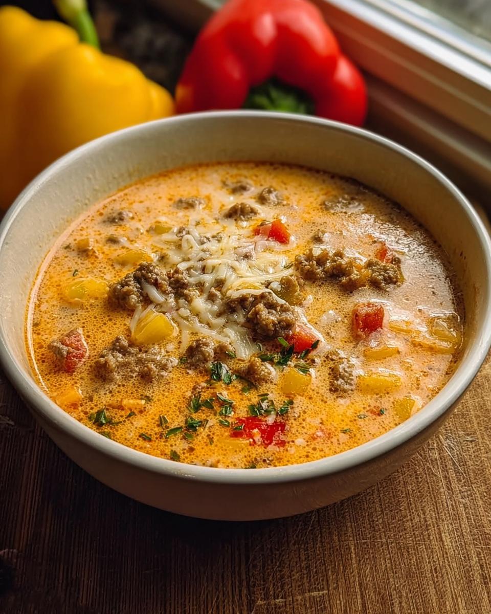 Eine Schüssel cremiger Low Carb Pizzasuppe mit Hackfleisch, Paprika und geschmolzenem Käse.