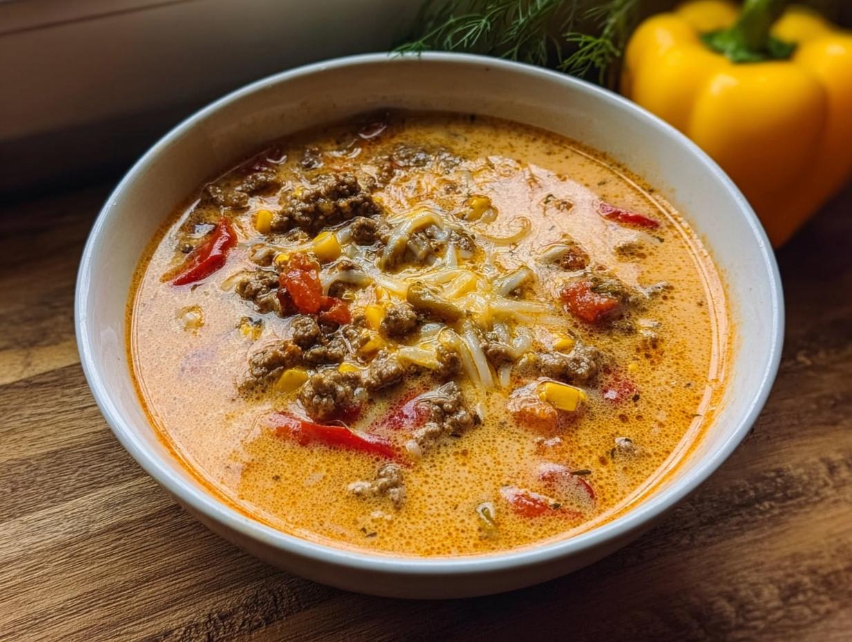 Nahaufnahme einer Schüssel mit cremiger Low Carb Pizzasuppe mit Hackfleisch, Paprika und geschmolzenem Käse.