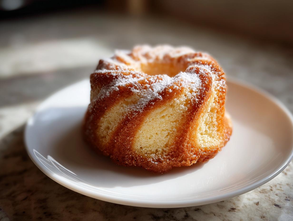 Ein einzelnes, mit Puderzucker bestäubtes Mini-Marmor-Gugelhupf aus der Silikonform auf einem weißen Teller.
