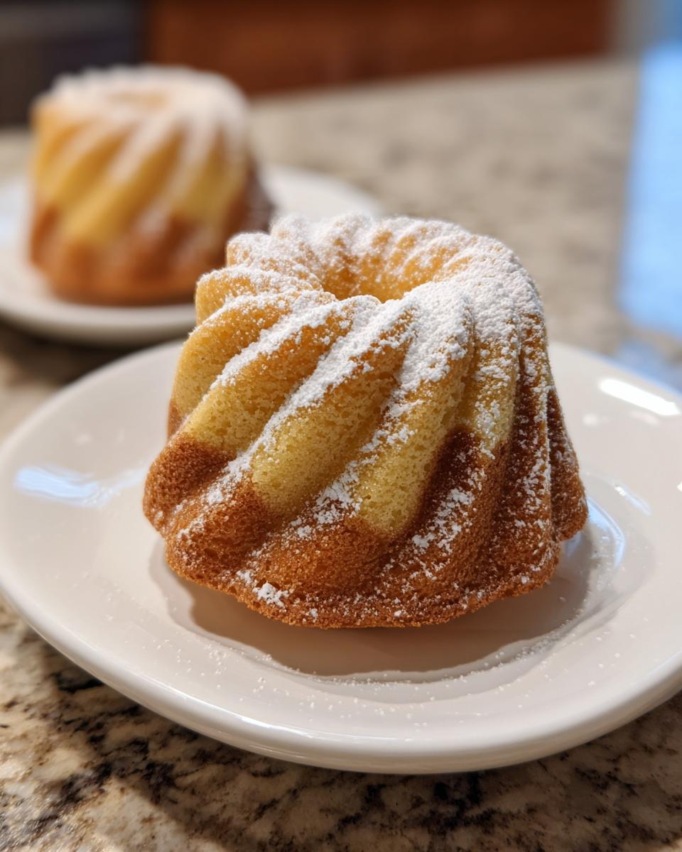 Nahaufnahme eines Mini-Marmor-Gugelhupfs aus der Silikonform, bestäubt mit Puderzucker auf einem weißen Teller.