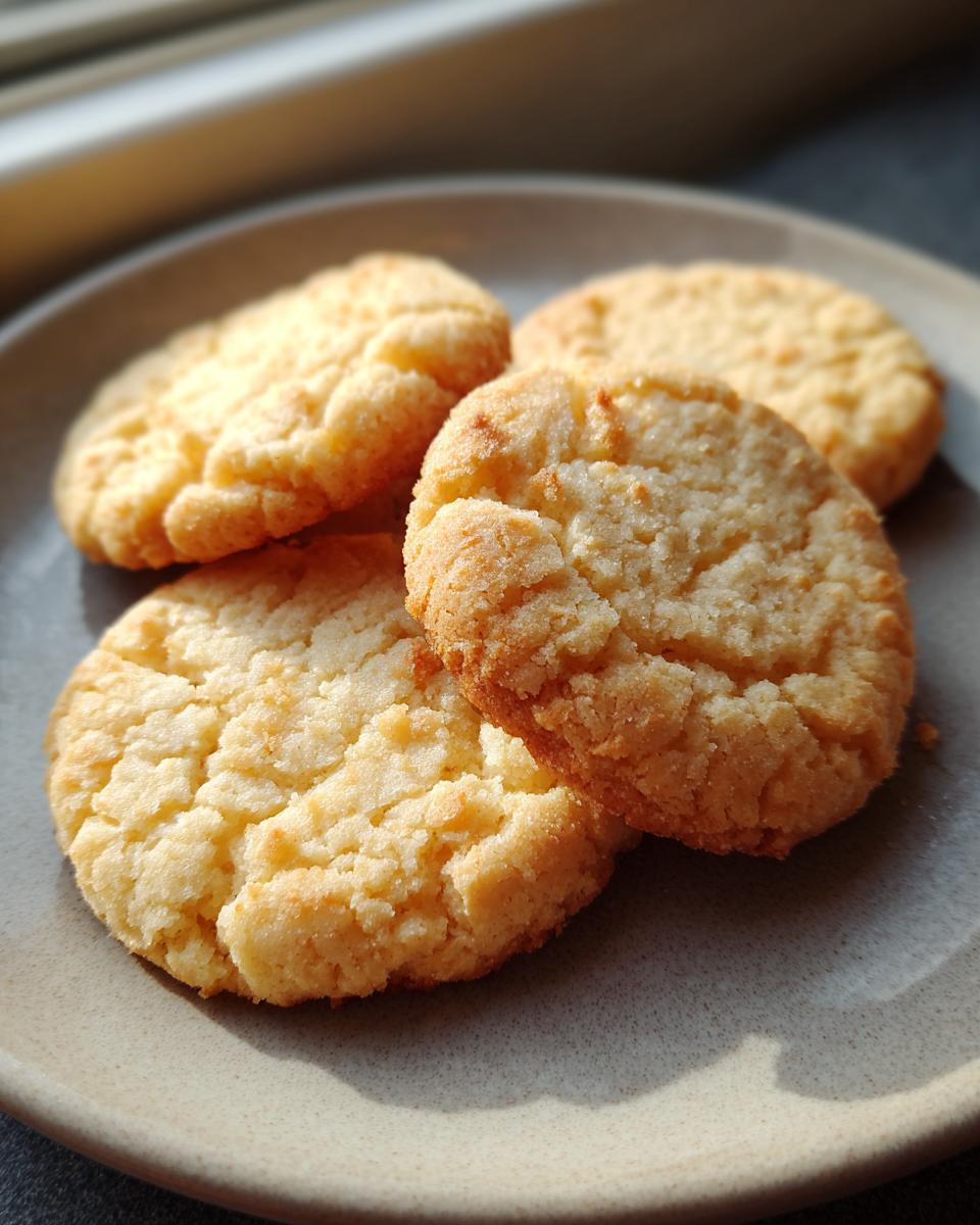 Vier goldbraune, mürbe Butterplätzchen auf einem grauen Teller, beleuchtet durch Sonnenlicht.