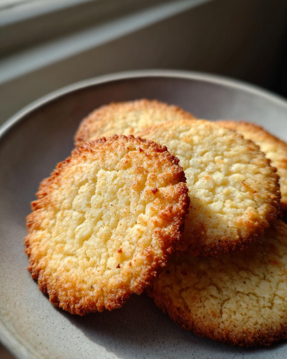 Nahaufnahme von vier goldbraunen, mürben Butterplätzchen auf einem grauen Teller.