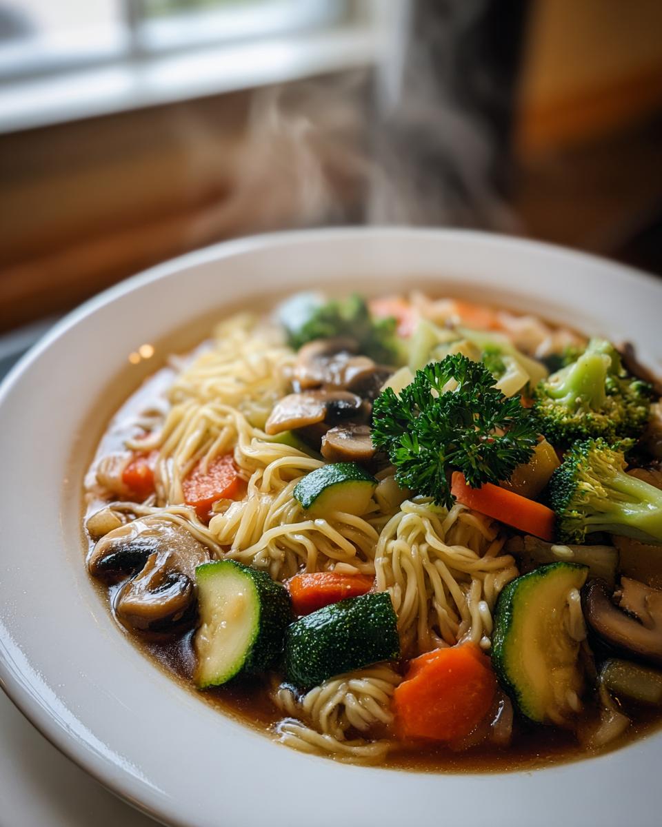Nahaufnahme einer dampfenden Nudelsuppe mit Gemüse, bestehend aus Nudeln, Zucchini, Karotten, Pilzen und Brokkoli.