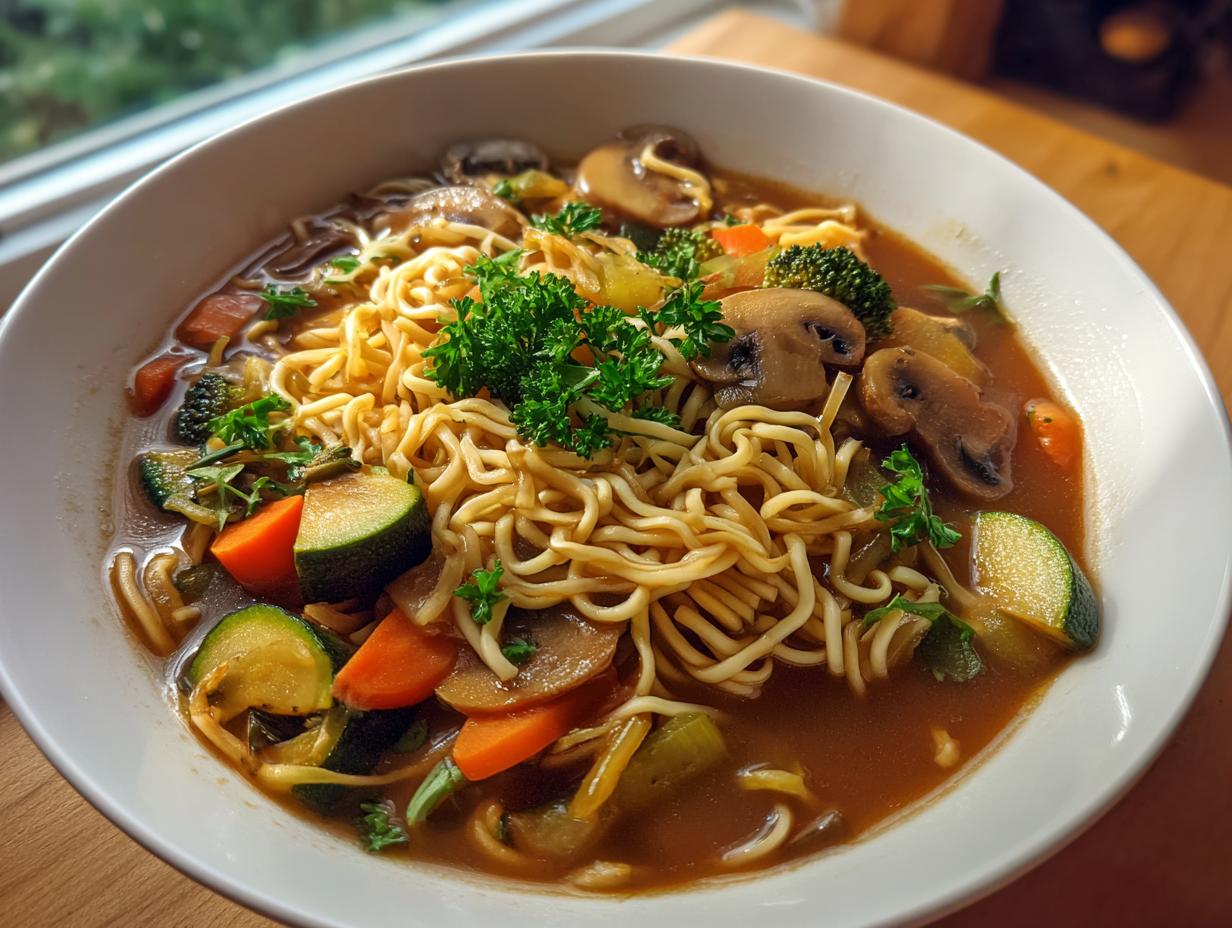 Eine Schüssel dampfender Nudelsuppe mit Gemüse, reichlich Nudeln, Karotten, Zucchini, Pilzen und Petersilie.
