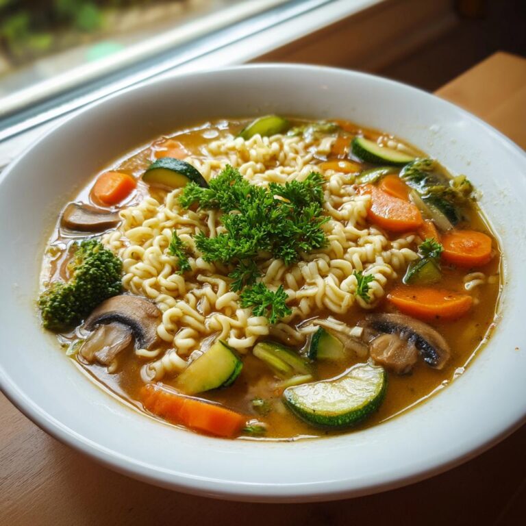 Nahaufnahme einer dampfenden Nudelsuppe mit Gemüse, bestehend aus lockeren Nudeln, Karotten, Zucchini, Pilzen und Brokkoli, garniert mit Petersilie.