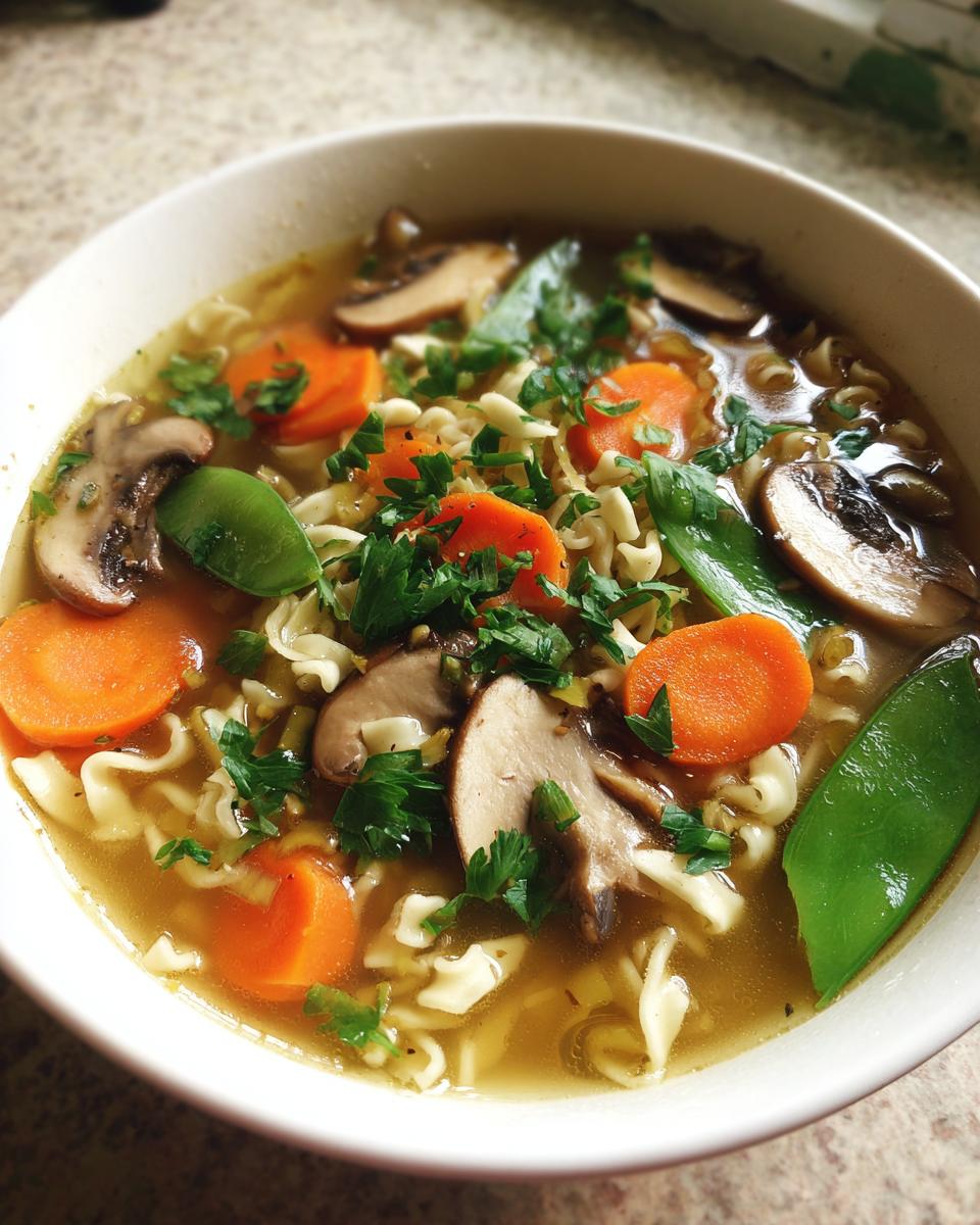 Eine Schüssel dampfender Nudelsuppe mit Gemüse, bestehend aus Eiernudeln, Karottenscheiben, Pilzen und Zuckerschoten.