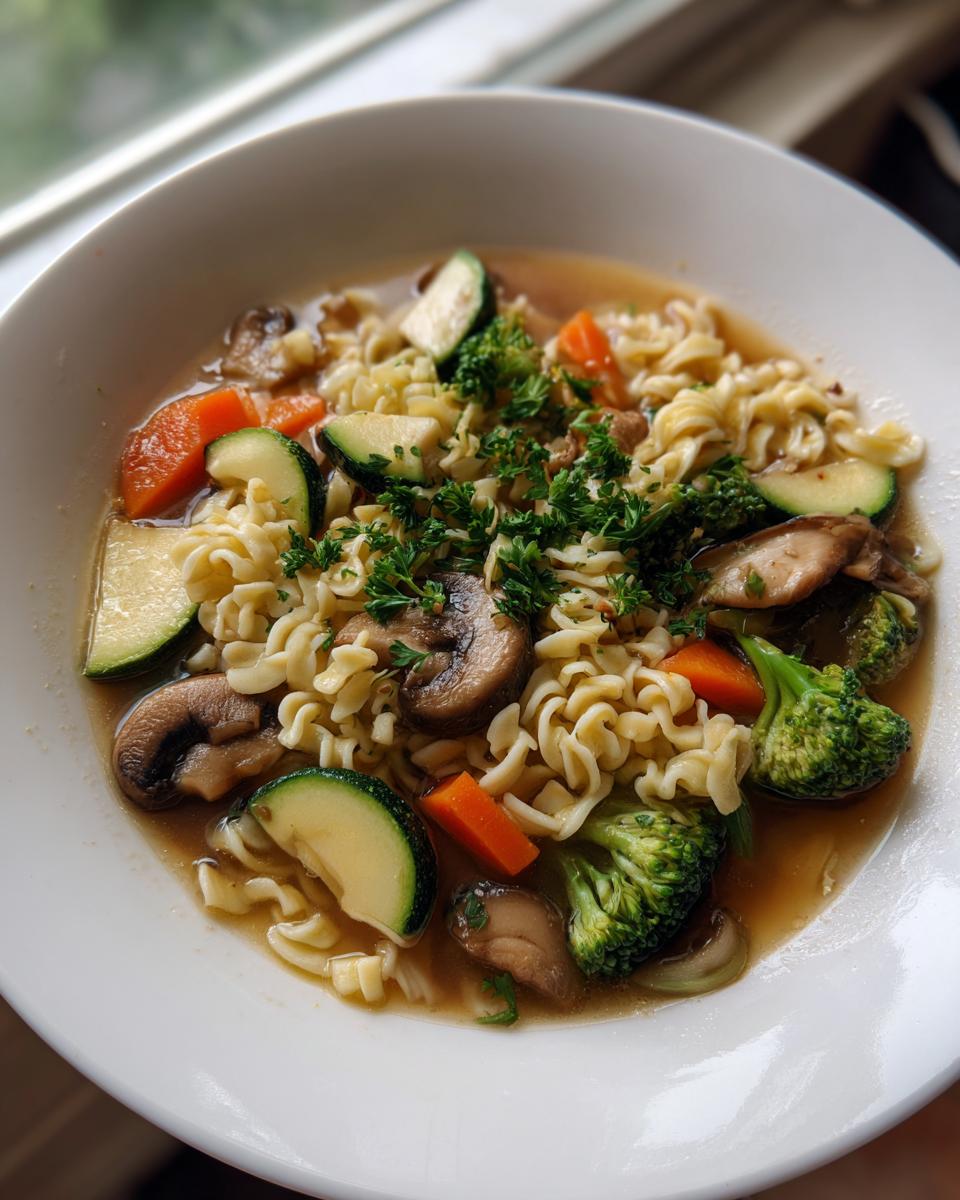 Eine Schüssel Nudelsuppe mit Gemüse, bestehend aus Spiralnudeln, Karotten, Zucchini, Pilzen und Brokkoli, garniert mit Petersilie.