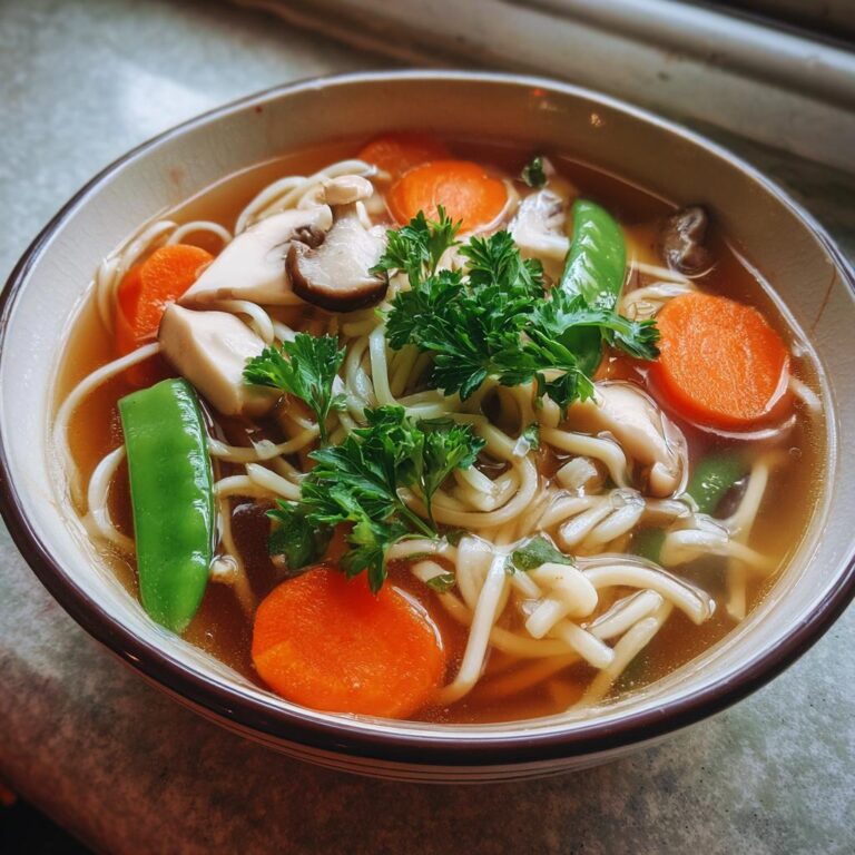 Eine dampfende Schüssel Nudelsuppe mit Gemüse, Karottenscheiben, Pilzen und Petersilie.