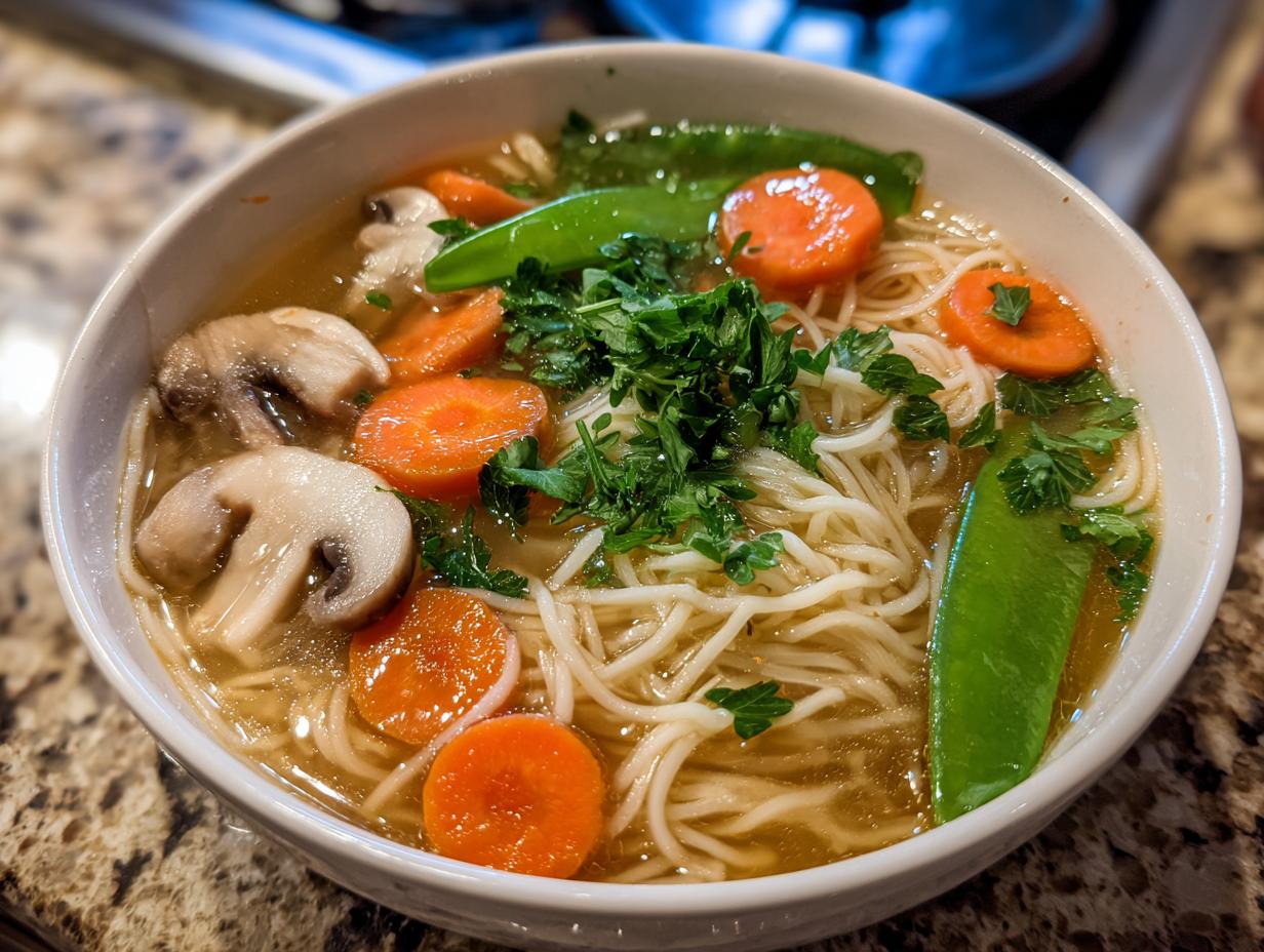 Eine Schüssel Nudelsuppe mit Gemüse, gefüllt mit dünnen Nudeln, Karottenscheiben, Pilzen und Zuckerschoten.