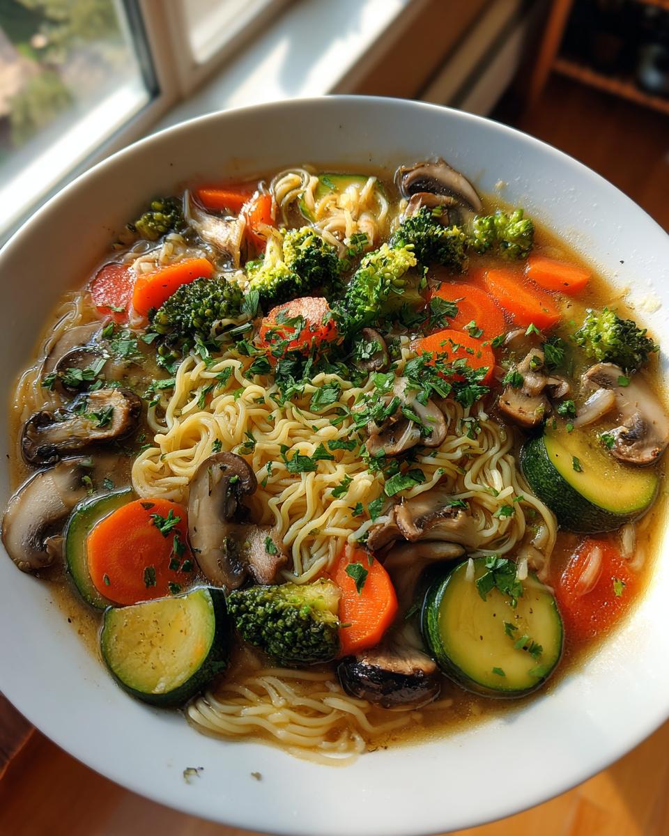 Eine Schüssel Nudelsuppe mit Gemüse, bestehend aus Ramen-Nudeln, Karotten, Zucchini, Brokkoli und Pilzen, garniert mit Petersilie.