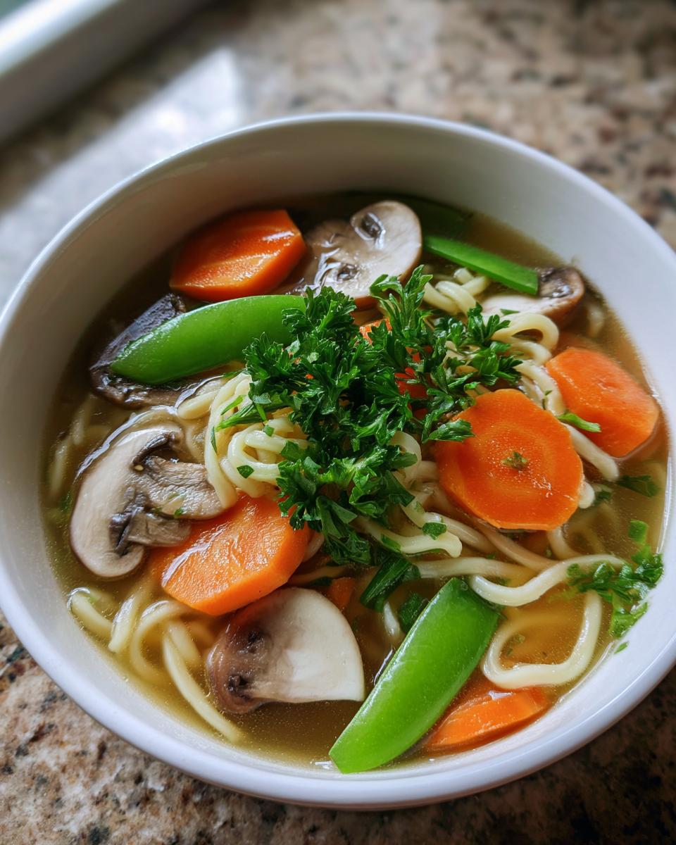 Nahaufnahme einer Schüssel Nudelsuppe mit Gemüse, gefüllt mit Nudeln, Karottenscheiben, Pilzen und Zuckerschoten.