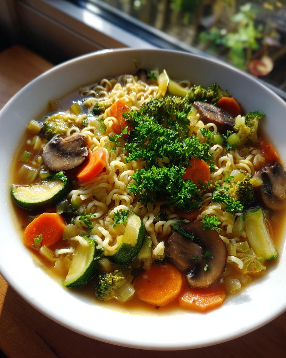 Eine Schüssel Nudelsuppe mit Gemüse, darunter Karotten, Zucchini, Pilze und Brokkoli, garniert mit Petersilie.