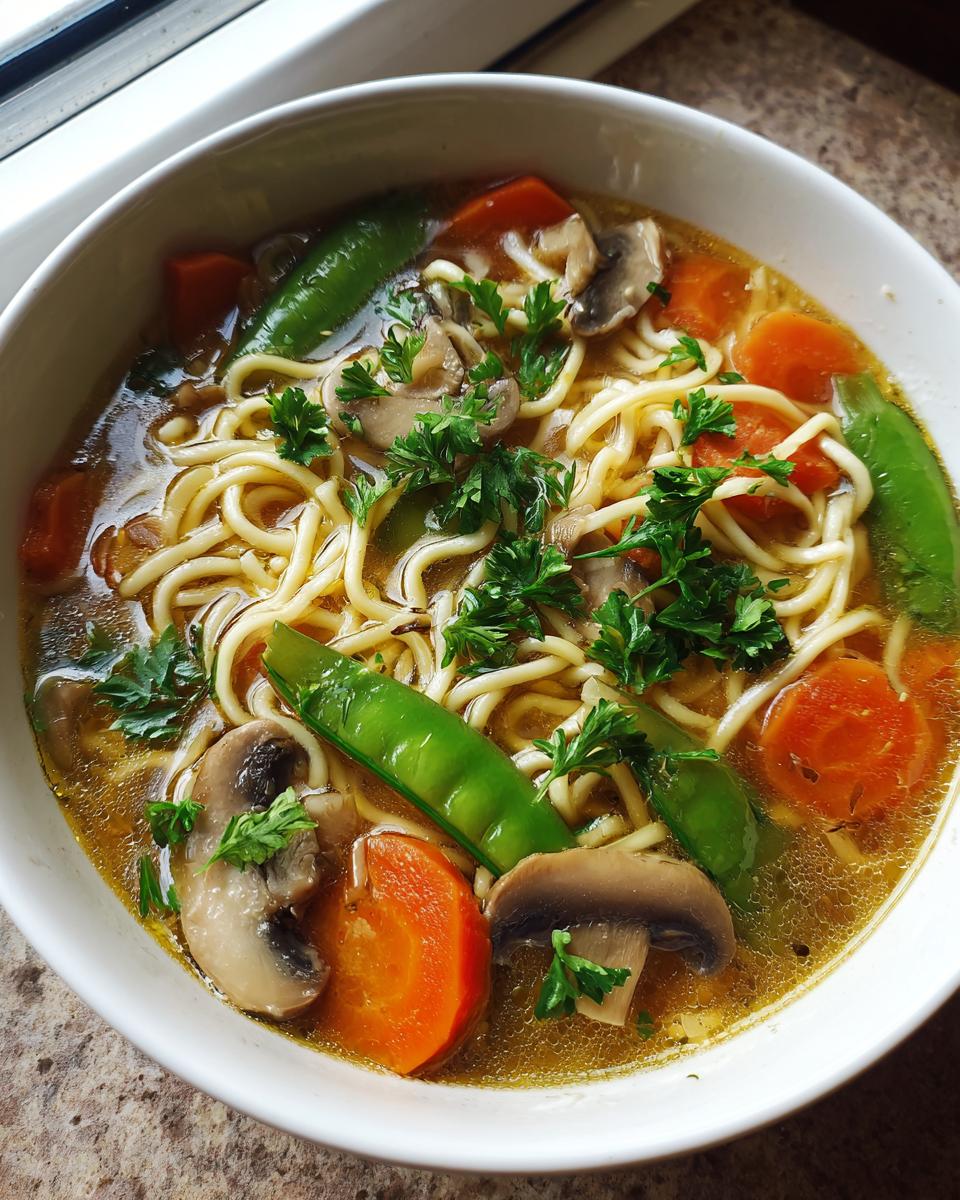 Eine Schüssel mit heißer Nudelsuppe mit Gemüse, Karotten, Pilzen, Zuckerschoten und Petersilie.