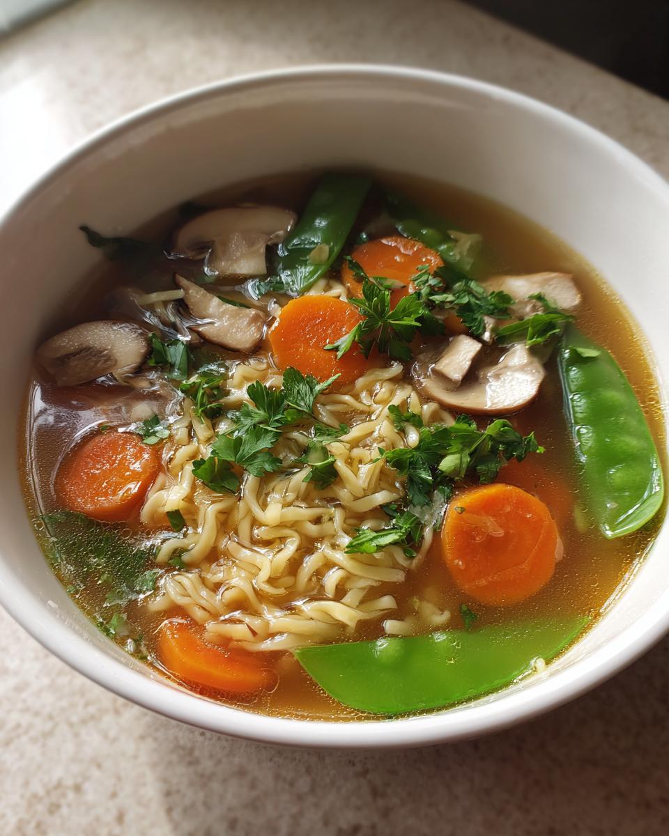 Eine Schale mit heißer Nudelsuppe mit Gemüse, bestehend aus Nudeln, Karottenscheiben, Pilzen und Zuckerschoten.