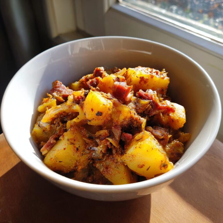 Nahaufnahme von Omas leckerer Steckrüben Eintopf mit Kartoffelstücken und Speck in einer weißen Schüssel.