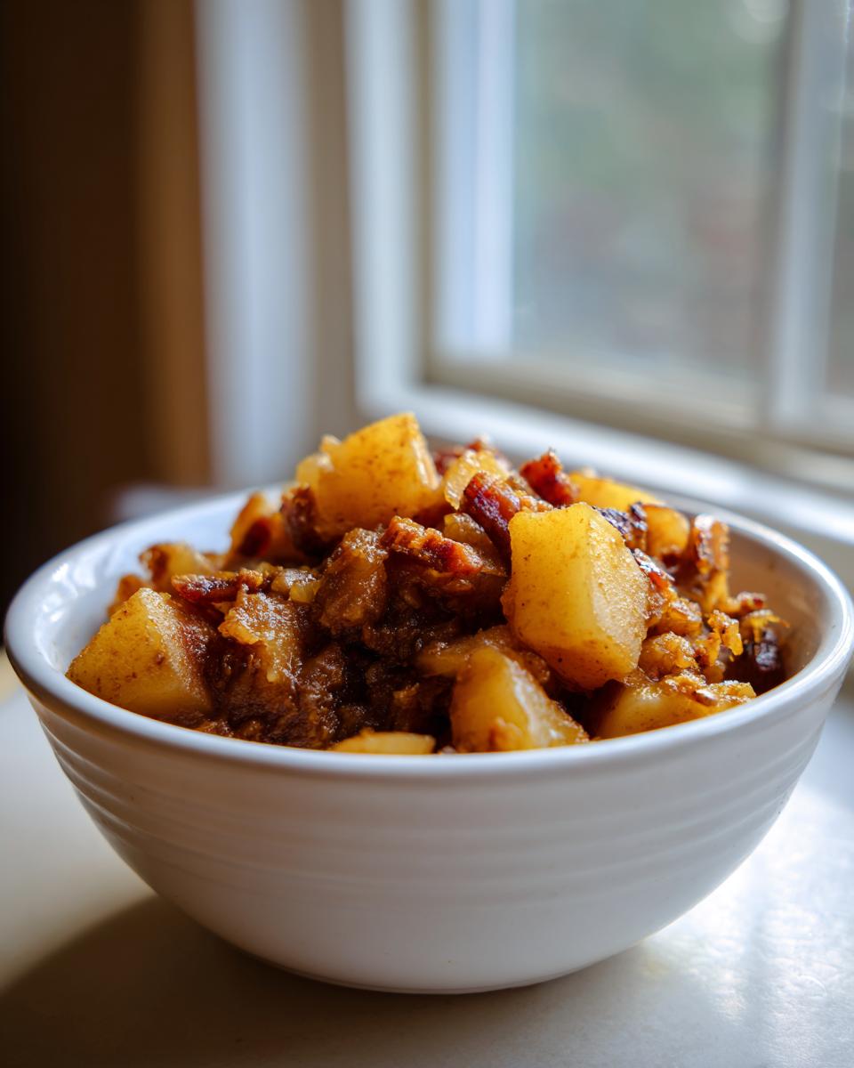 Portion Omas leckerer Steckrüben Eintopf mit großen, gelblichen Rübenstücken und dunklem Fleisch in einer weißen Schüssel.