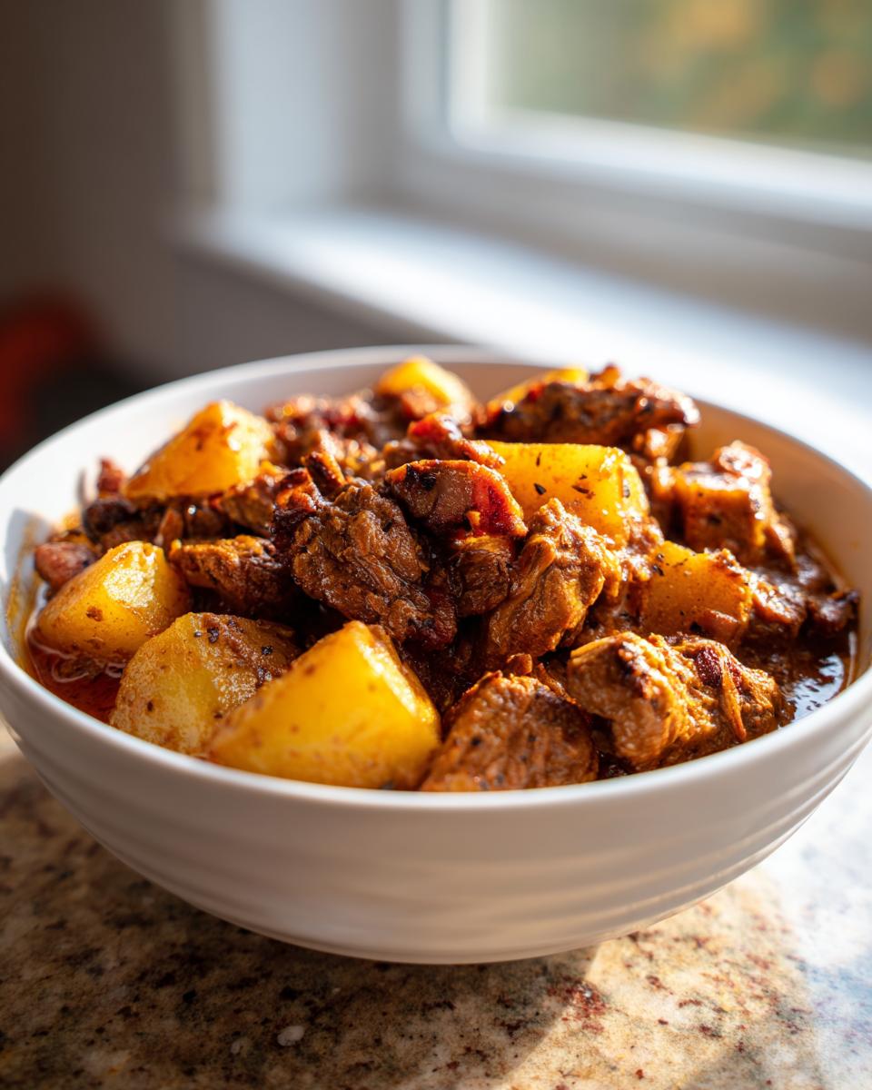 Eine Nahaufnahme von Omas leckerer Steckrüben Eintopf mit Fleischstücken und gelben Kartoffeln in einer weißen Schüssel.