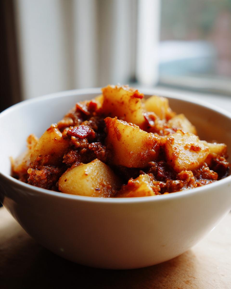 Nahaufnahme von Omas leckerer Steckrüben Eintopf mit großen Stücken Steckrübe und dunkler Soße in einer weißen Schüssel.