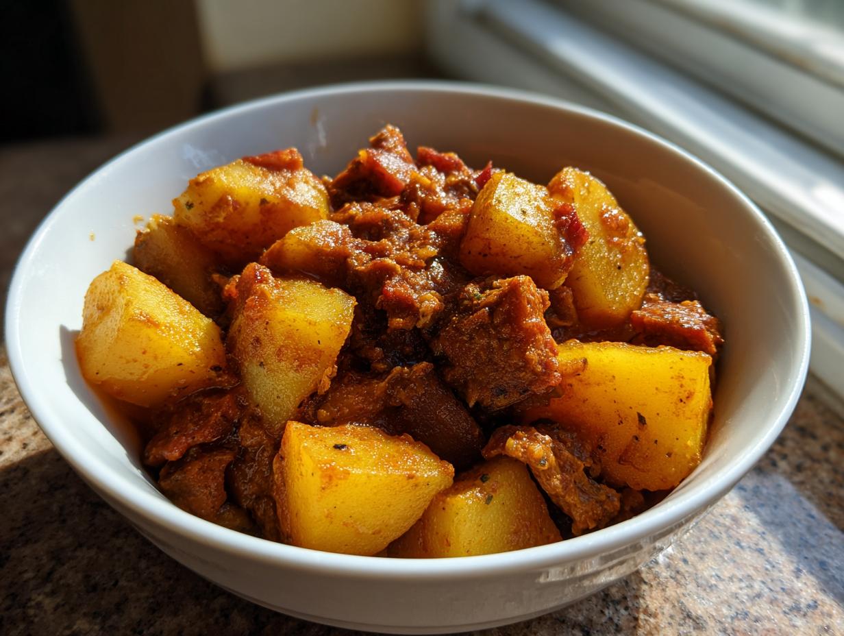 Ein weißer Schüssel gefüllt mit Omas leckerer Steckrüben Eintopf mit Kartoffelstücken und Fleisch in dunkler Sauce.