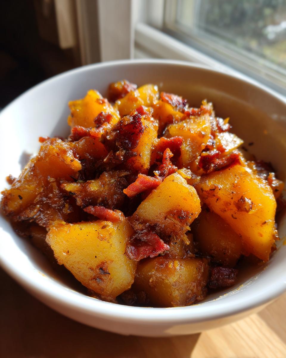 Nahaufnahme von Omas leckerer Steckrüben Eintopf mit würfeligem Gemüse und knusprigem Speck in einer weißen Schüssel.