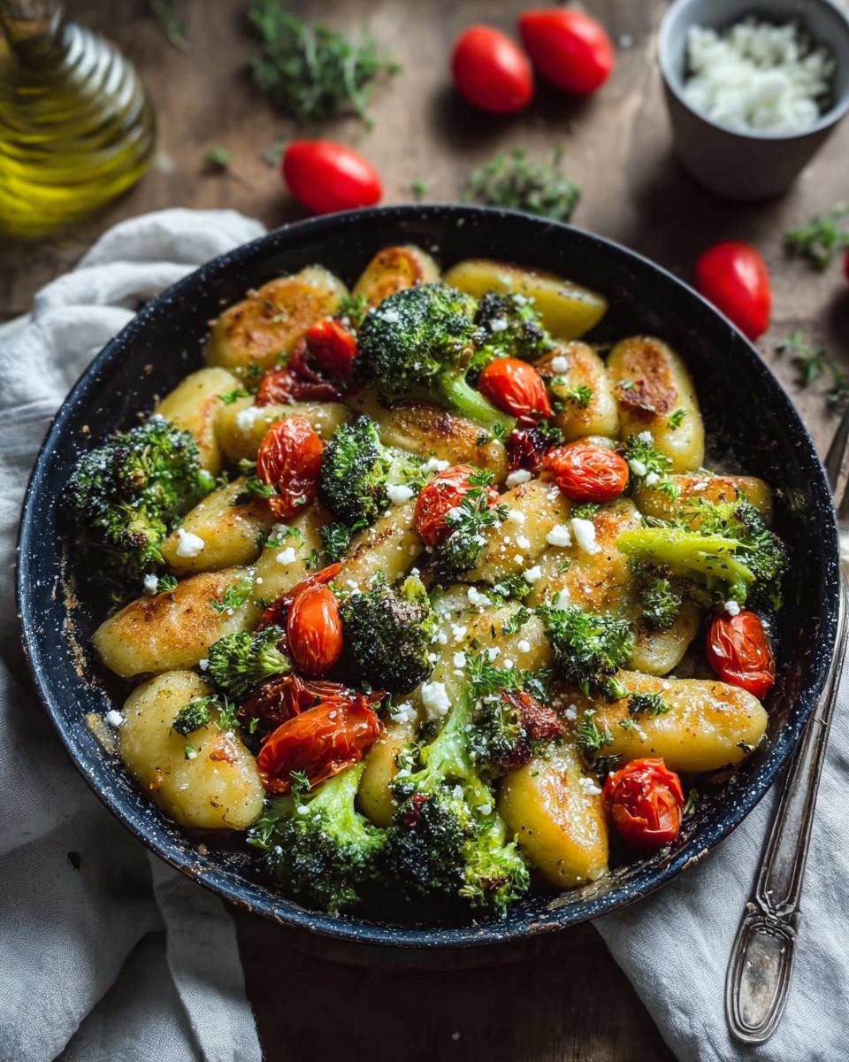 Fertig zubereitete Onepan Brokkoli Schupfnudeln mit Hirtenkäse und Kirschtomaten in einer dunklen Pfanne.