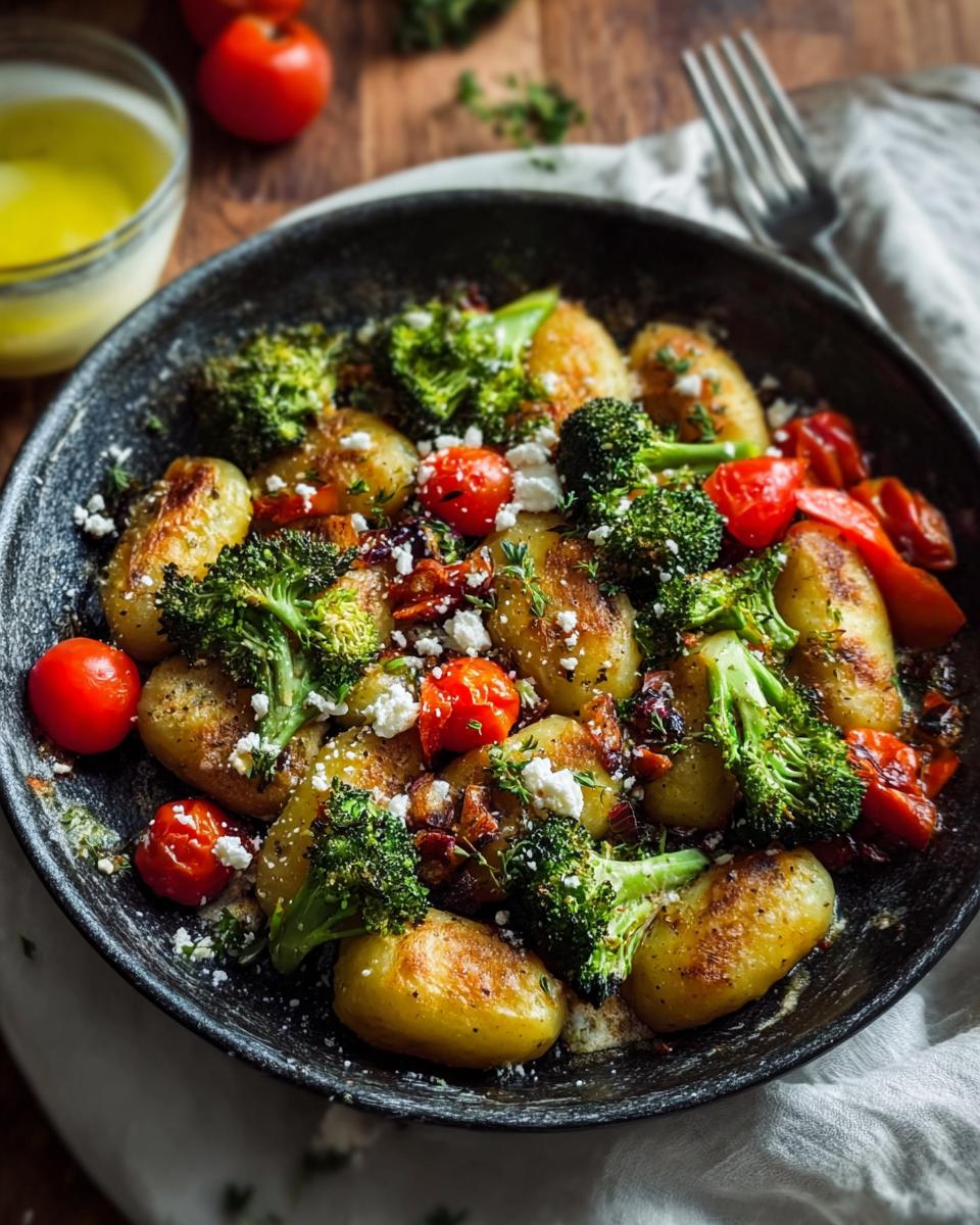 Fertiges Gericht: Onepan Brokkoli Schupfnudeln mit Hirtenkäse, Brokkoli und Kirschtomaten in einer schwarzen Pfanne.