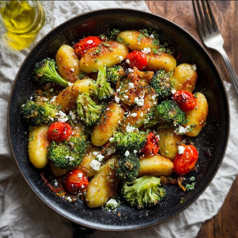 Nahaufnahme von Onepan Brokkoli Schupfnudeln mit gebratenem Brokkoli, Kirschtomaten und zerbröseltem Hirtenkäse in einer schwarzen Pfanne.