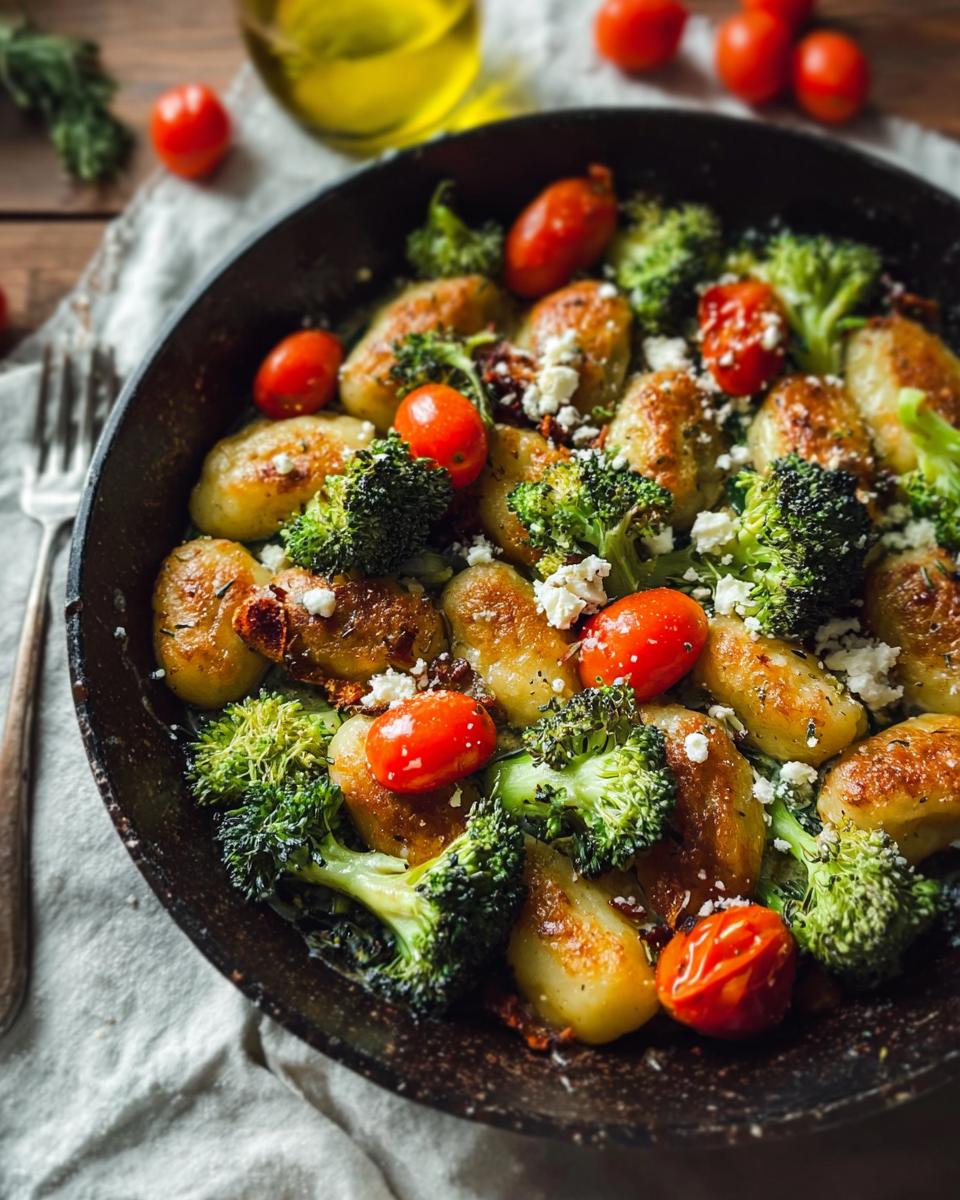 Gebratene Schupfnudeln mit Brokkoli, Kirschtomaten und zerbröseltem Hirtenkäse in einer dunklen Pfanne.