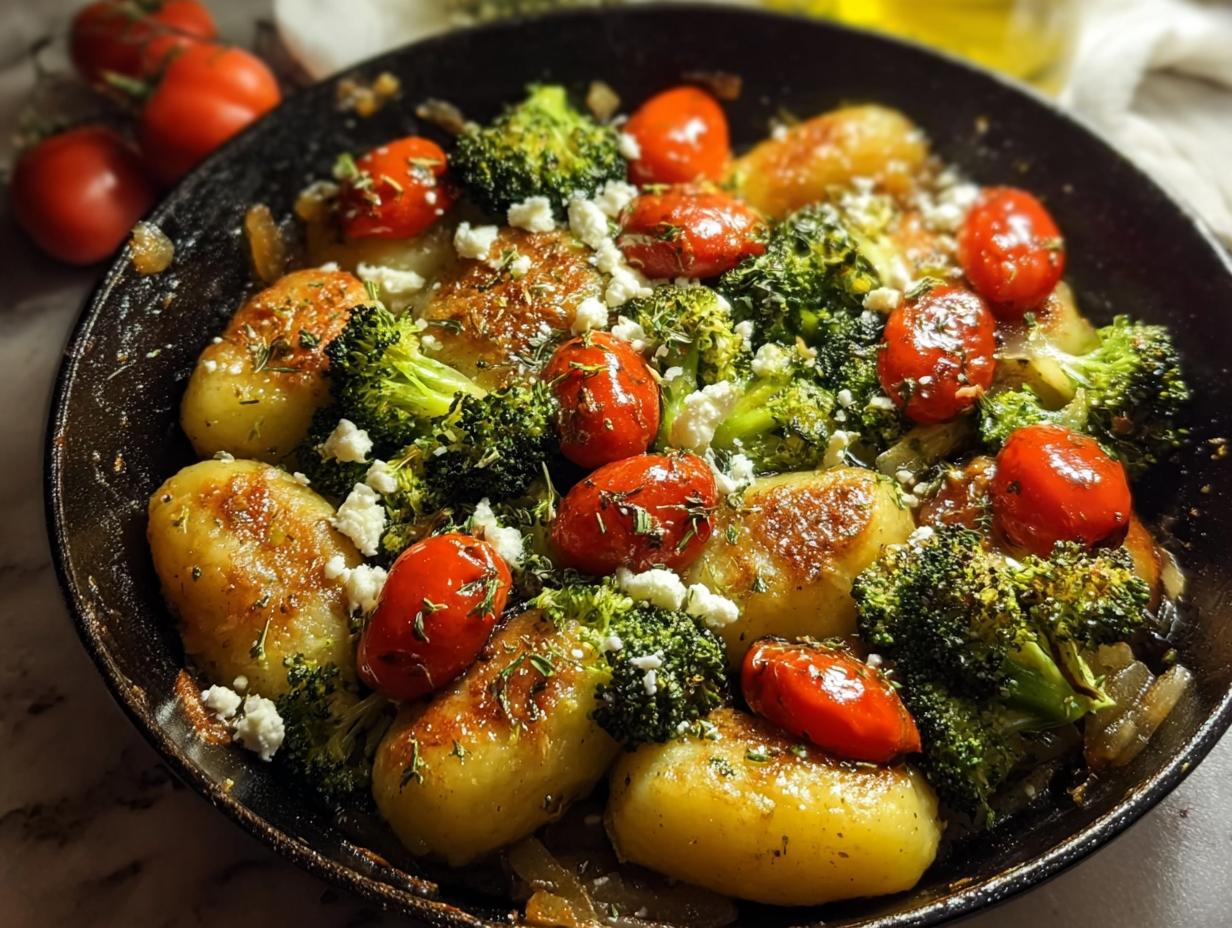 Fertiges Onepan Brokkoli Schupfnudeln Gericht mit gebratenen Schupfnudeln, Brokkoli, Kirschtomaten und Hirtenkäse.