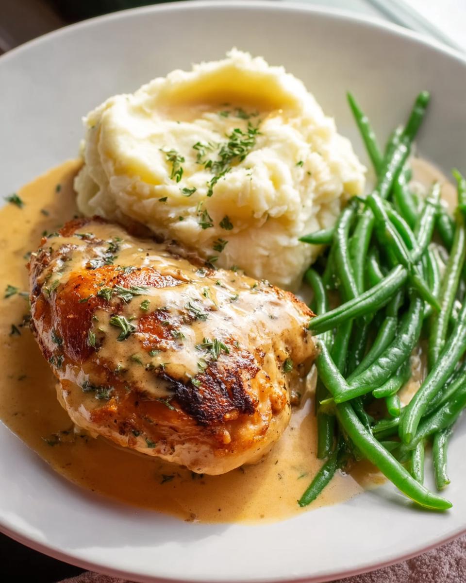 Gebratenes Parmesan Butter Hähnchen mit cremigem Kartoffelpüree und grünen Bohnen.
