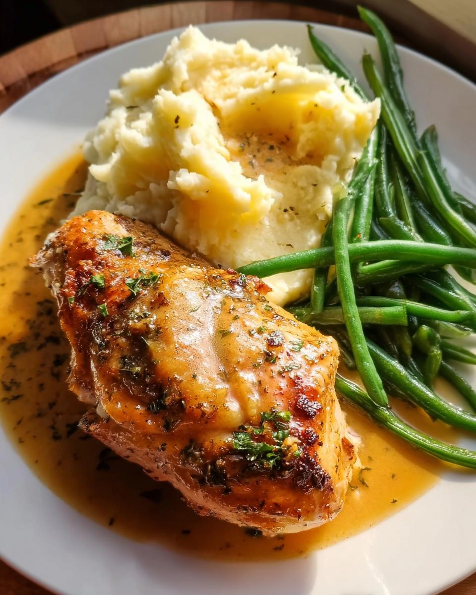 Ein Teller mit saftigem Parmesan Butter Hähnchen mit Kartoffelpüree und grünen Bohnen.