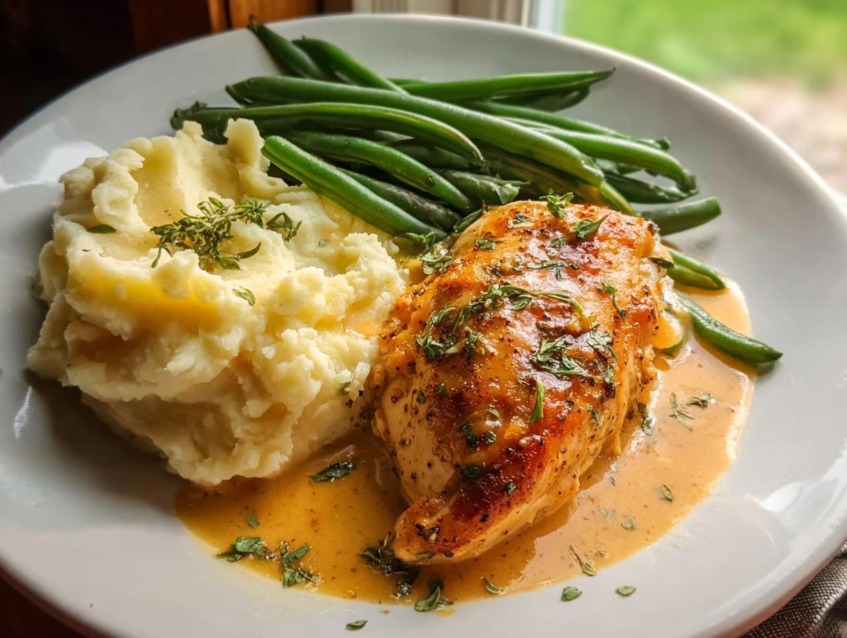 Ein Teller mit Parmesan Butter Hähnchen mit Kartoffelpüree und grünen Bohnen, übergossen mit Sauce.