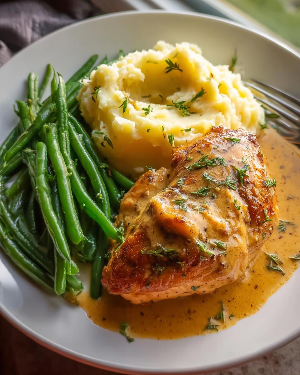 Gebratenes Parmesan Butter Hähnchen mit cremigem Kartoffelpüree und grünen Bohnen.