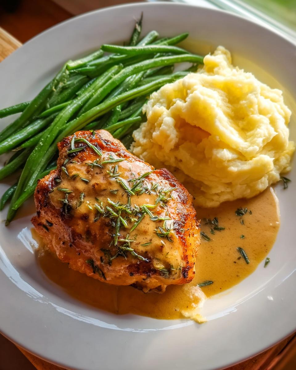 Teller mit Parmesan Butter Hähnchen mit Kartoffelpüree und grünen Bohnen, übergossen mit Kräutersauce.