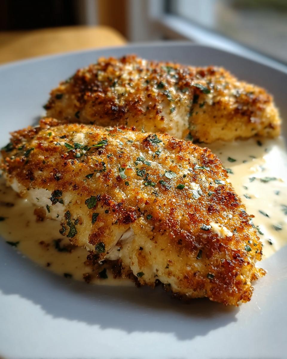Zwei goldbraun gebackene Hähnchenbrüste mit Parmesan-Kruste, serviert mit cremiger Soße – das fertige Parmesan Hähnchen Rezept.